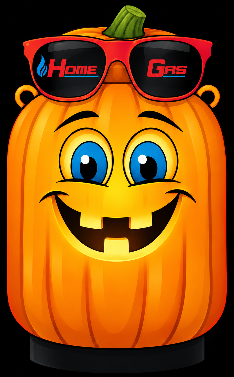 Frank O'Lantern, a smiling pumpkin-shaped tank wearing red Home Gas sunglasses, with no arms or legs